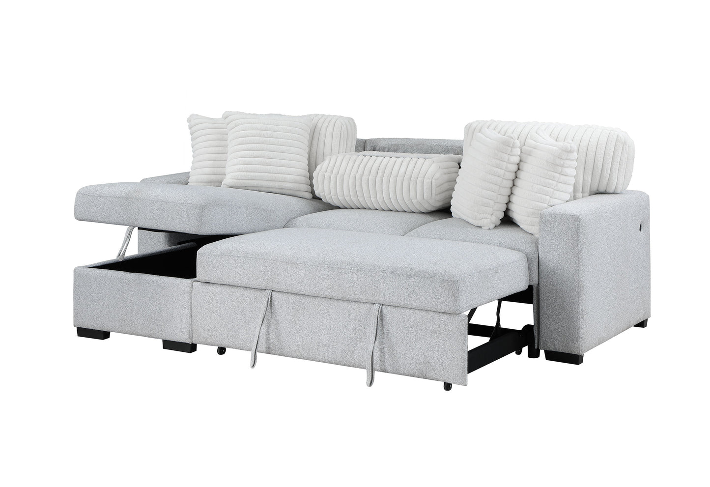 Grey fabric sectional sofa with storage chaise and pullout bed feature