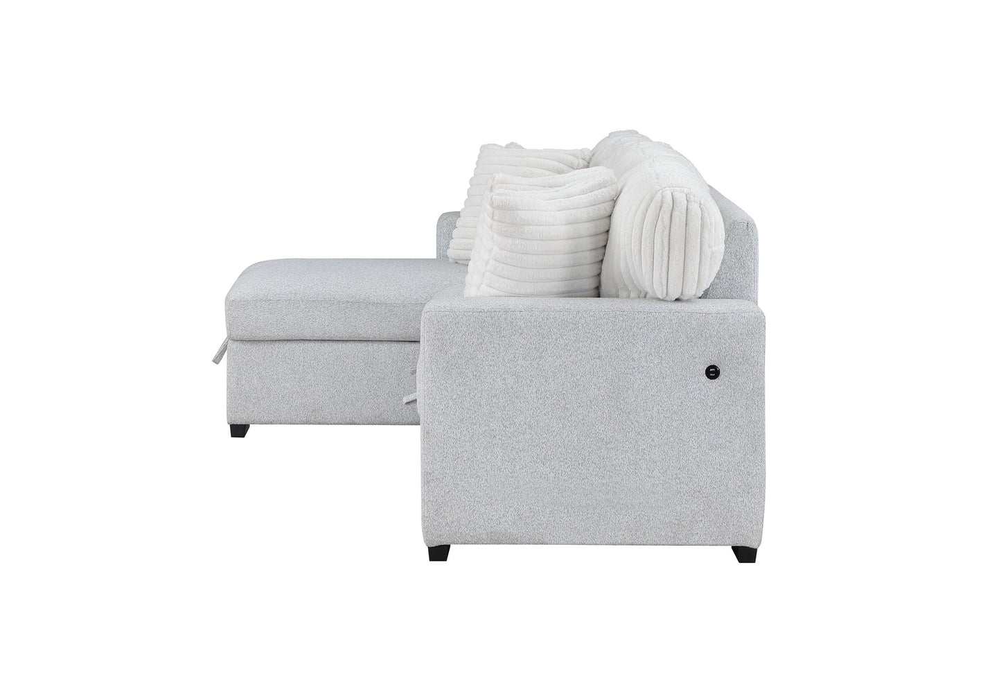 Light grey fabric sectional sofa with plush white accent pillows and chaise lounge attachment