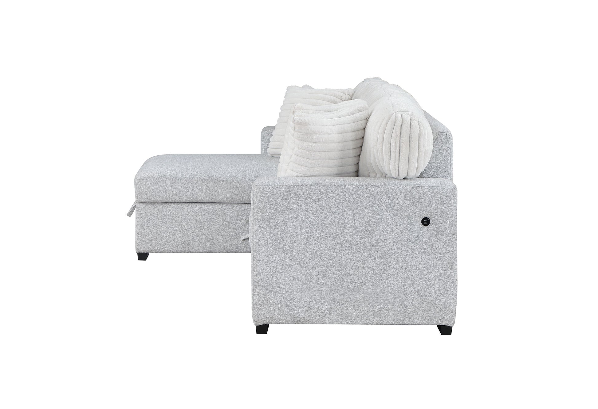 Light grey fabric sectional sofa with plush white accent pillows and chaise lounge attachment