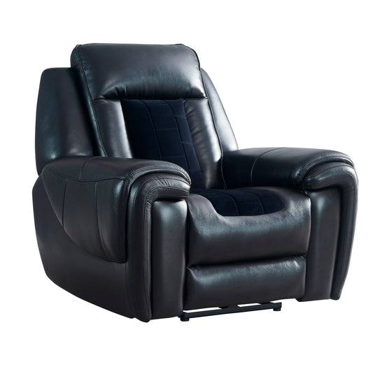Black leather power recliner chair with velvet seat accents and padded headrest