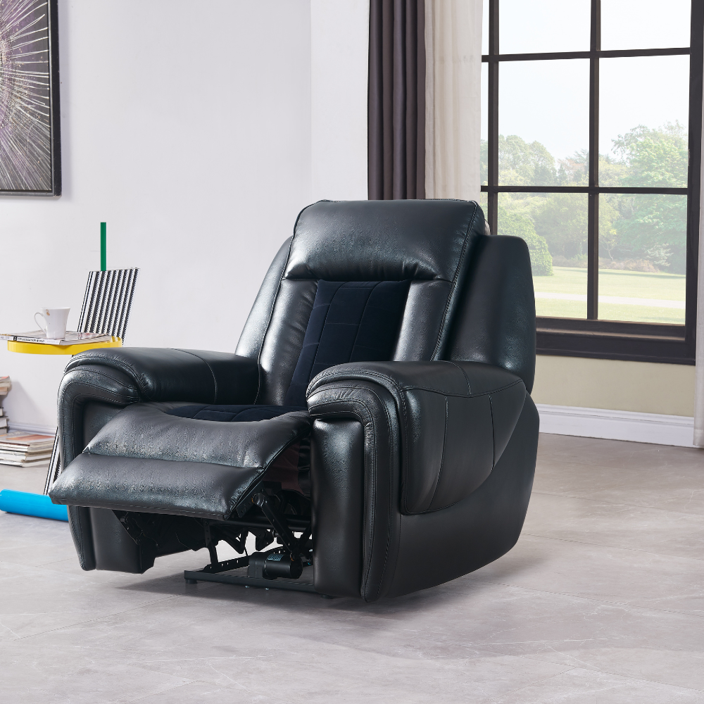 Black leather recliner chair with padded headrest and footrest extended for comfort