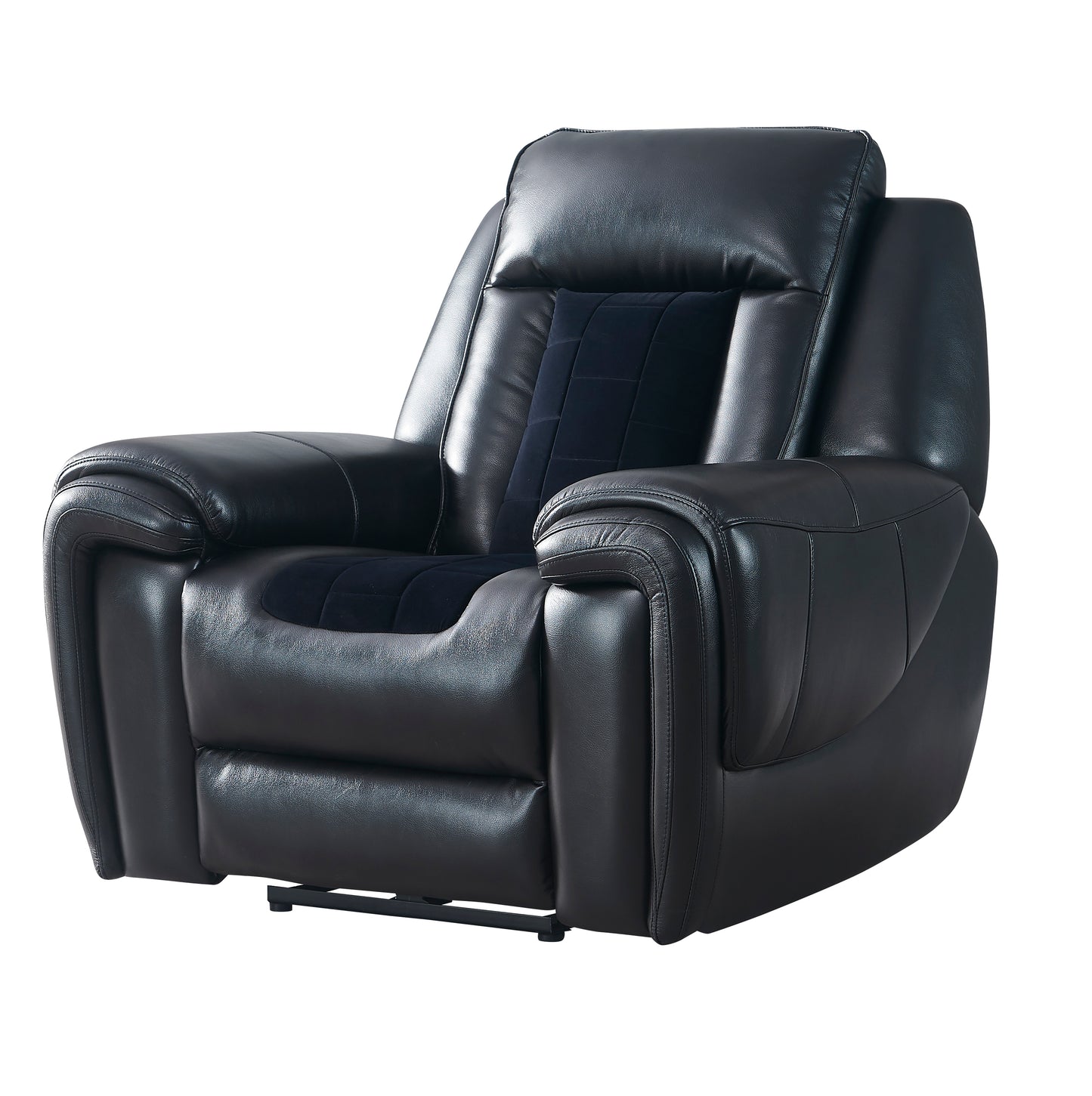 Black leather reclining chair with plush navy blue center cushioning  characters
