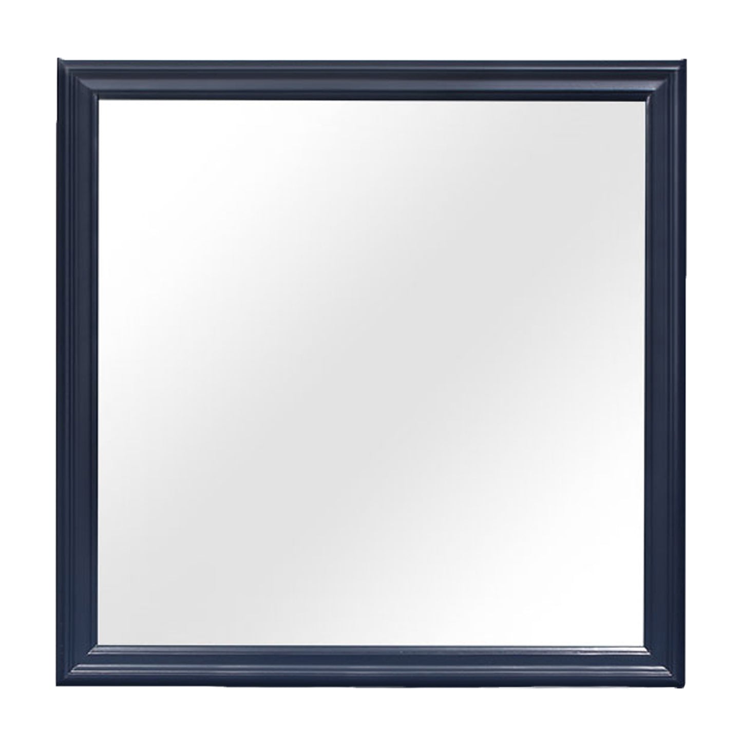A rectangular navy blue wood framed mirror with beveled edges perfect for entryway decor