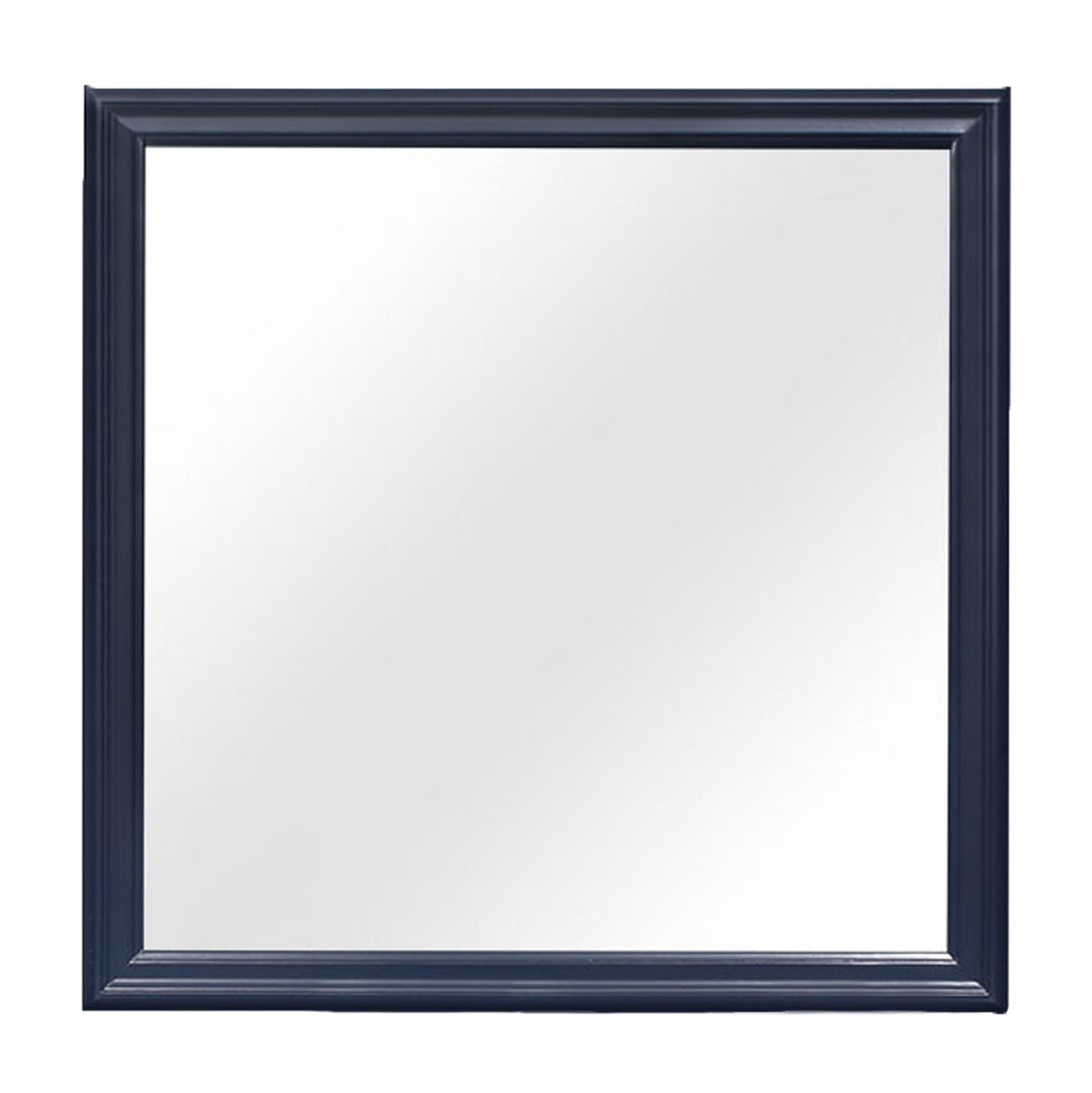 A rectangular navy blue wood framed mirror with beveled edges perfect for entryway decor