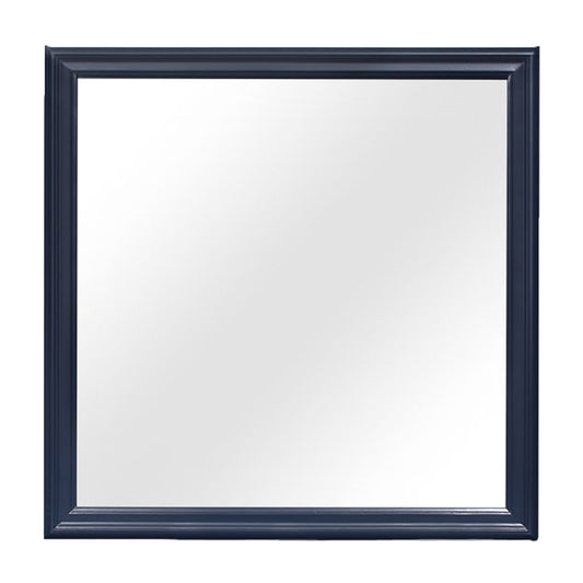 A rectangular navy blue wood framed mirror with beveled edges perfect for entryway decor