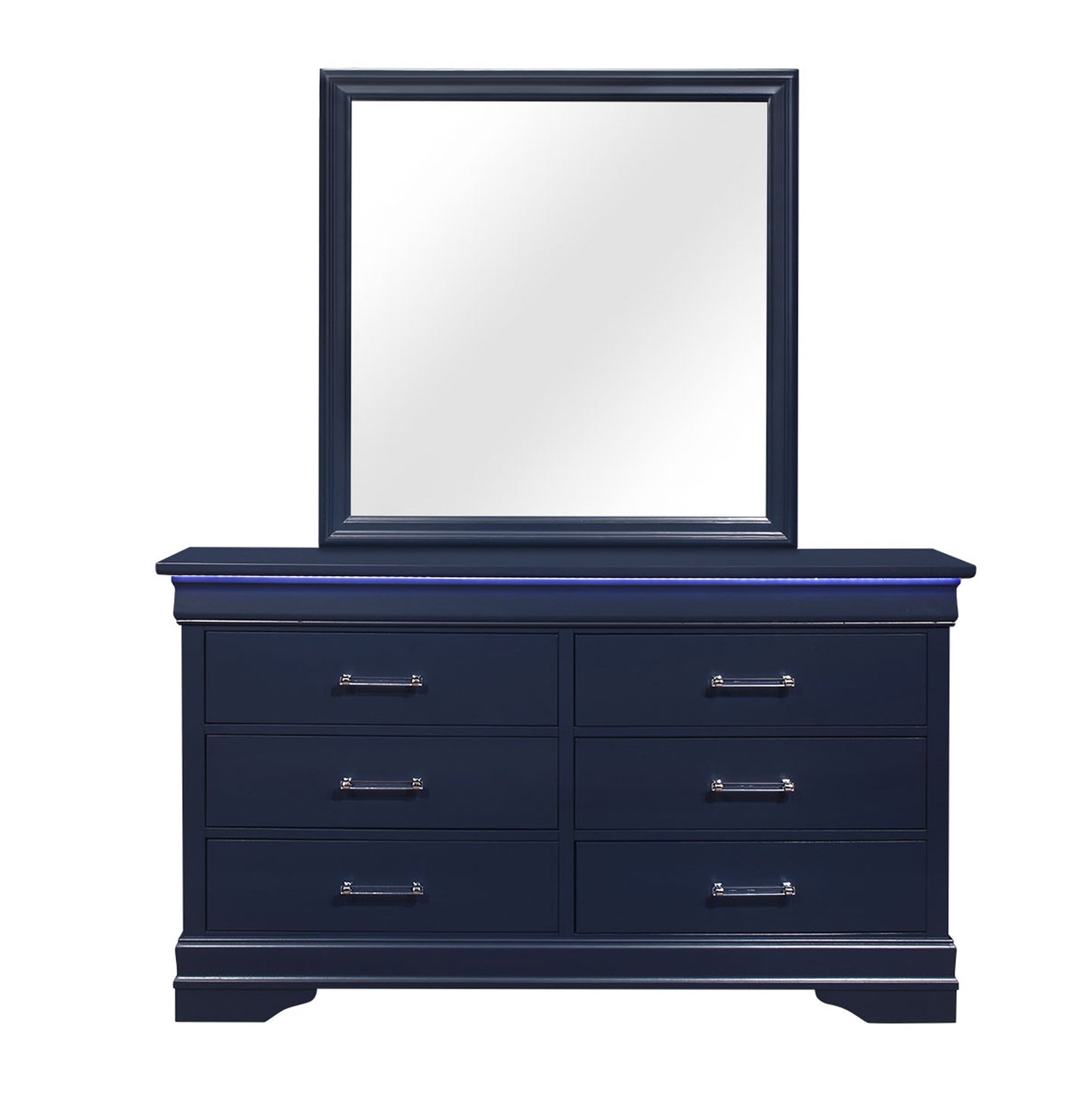 Navy blue dresser with silver hardware and a matching framed mirror featuring LED lighting