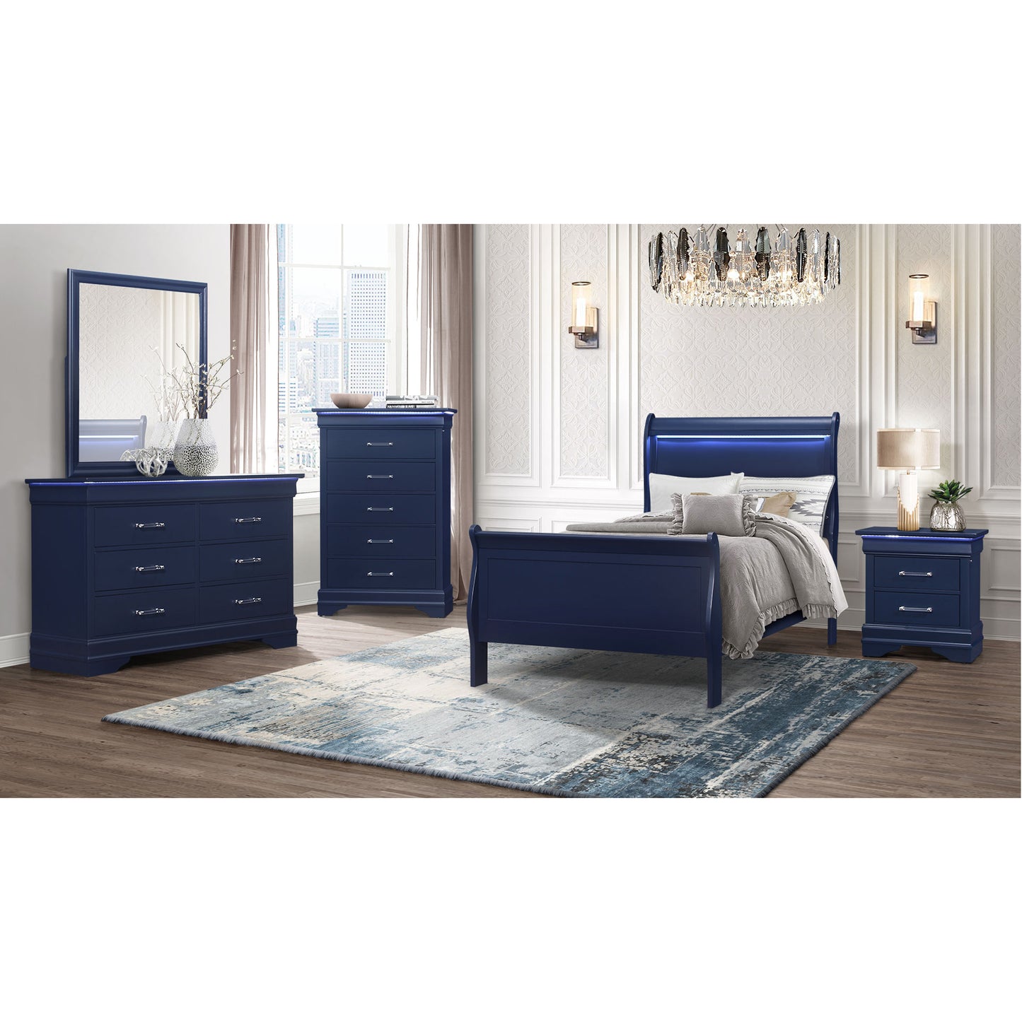 Navy blue sleigh bed with LED accent lighting and silver hardware