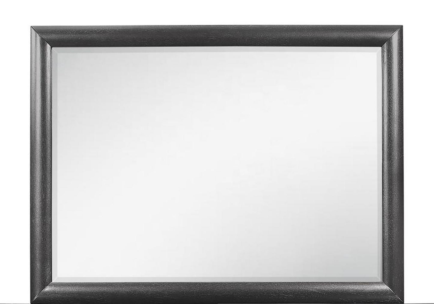 Rectangular wall mirror with a dark brushed metal frame and beveled glass