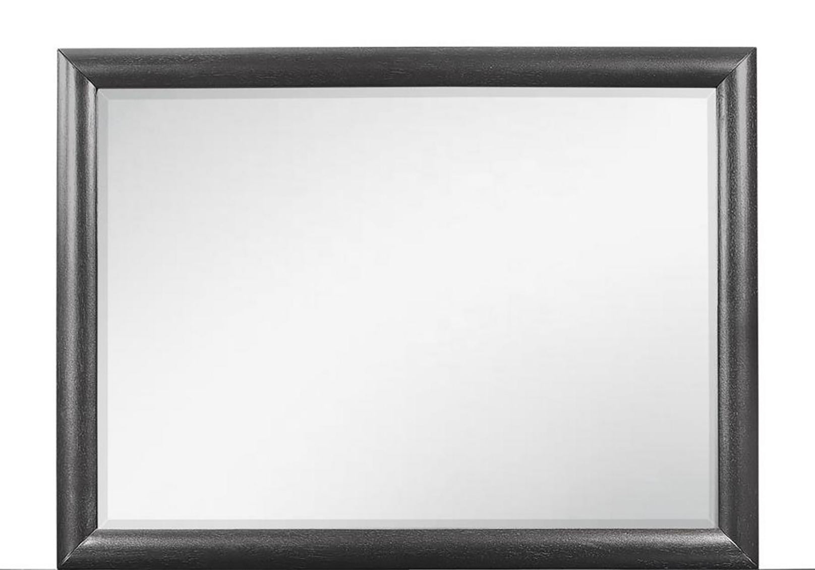 Rectangular wall mirror with a dark brushed metal frame and beveled glass