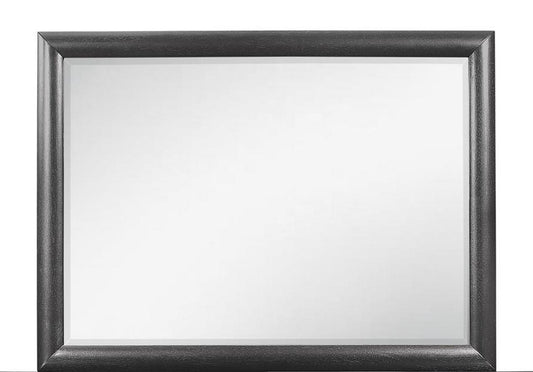 Rectangular wall mirror with a dark brushed metal frame and beveled glass