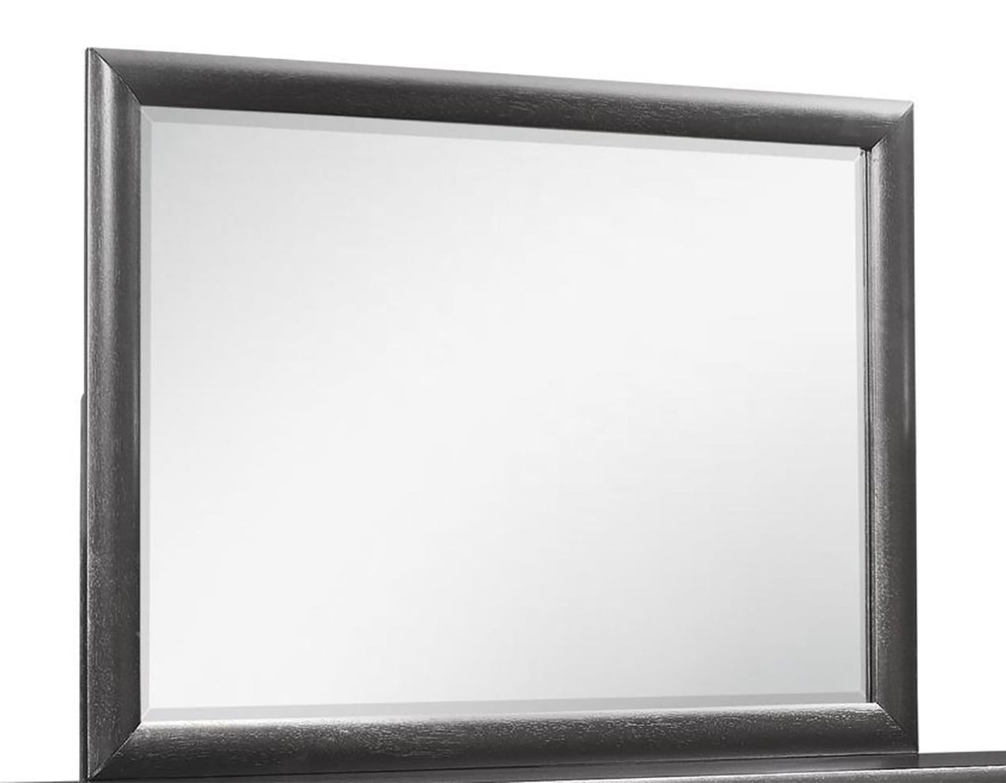 Modern dresser mirror with a distressed charcoal wood frame and beveled glass