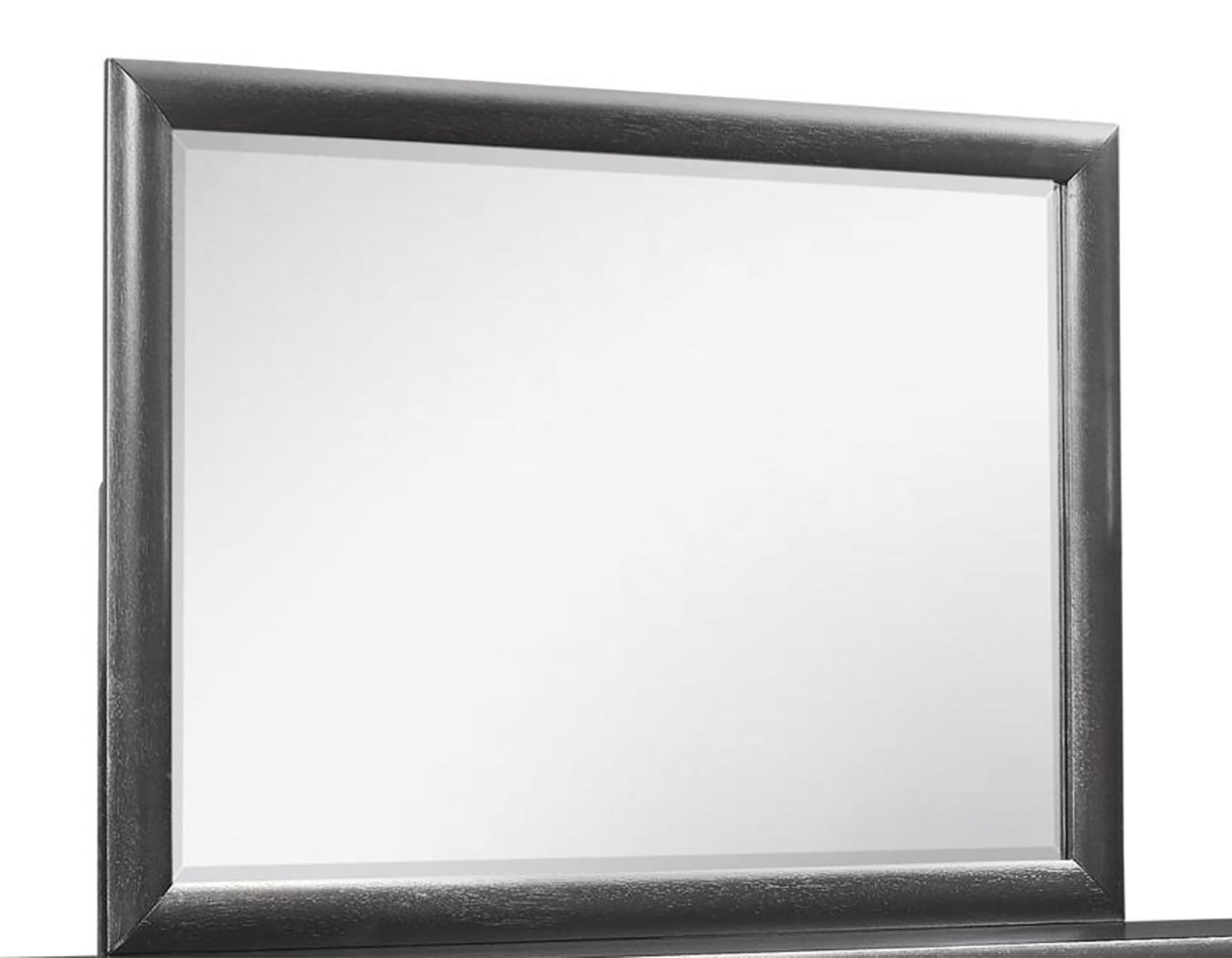 Modern dresser mirror with a distressed charcoal wood frame and beveled glass