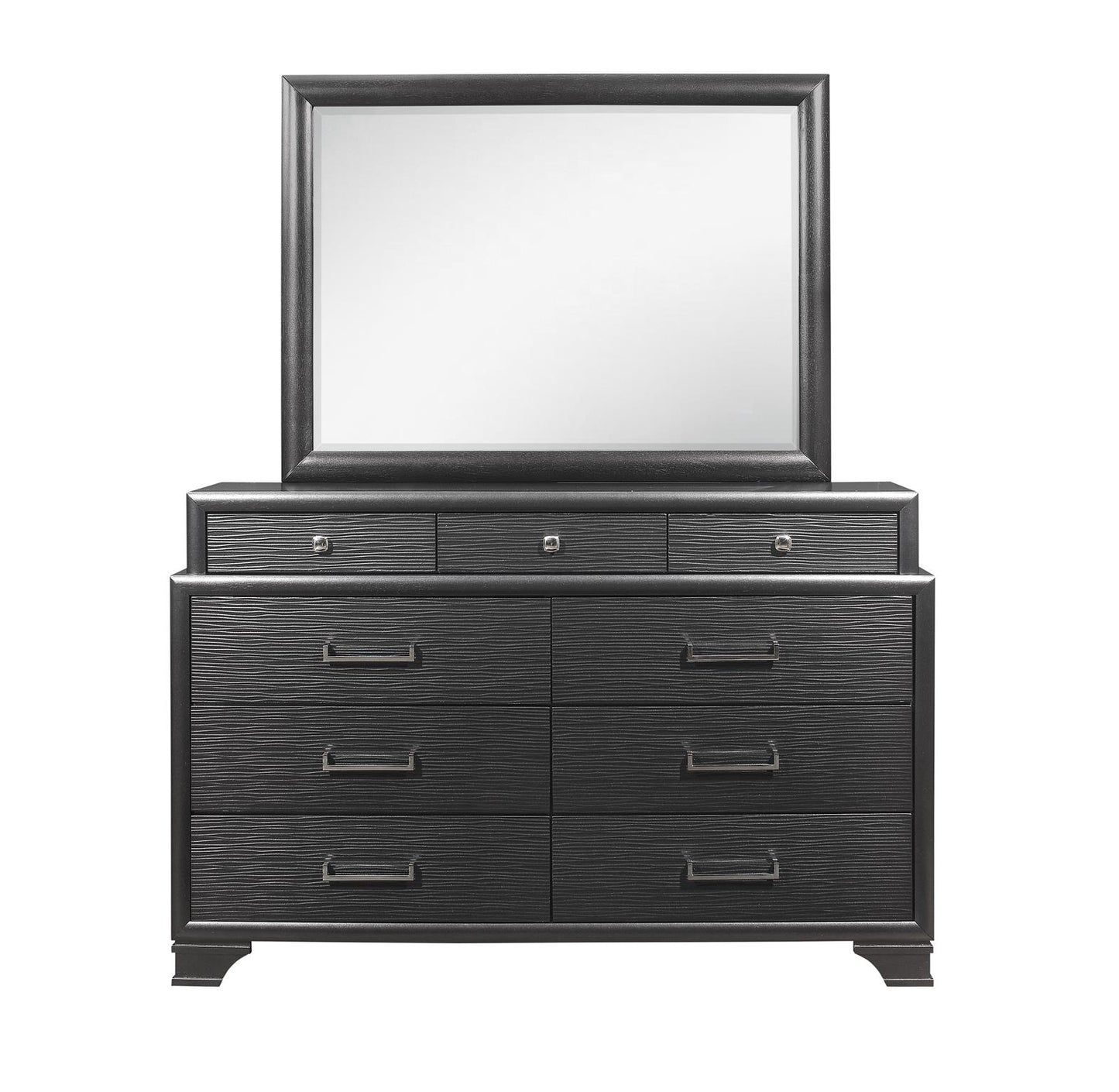 Dark gray dresser with mirror featuring textured drawers and brushed nickel hardware for modern bedroom storage
