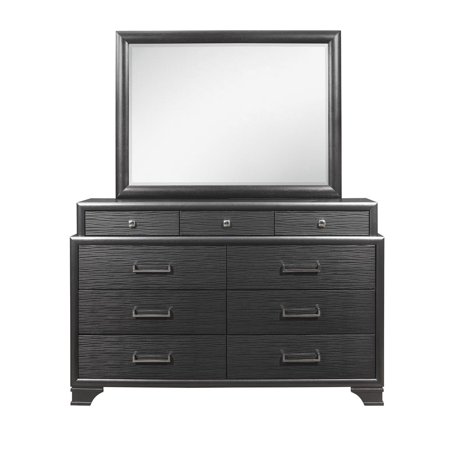 Dark gray dresser with mirror featuring textured drawers and brushed nickel hardware for modern bedroom storage