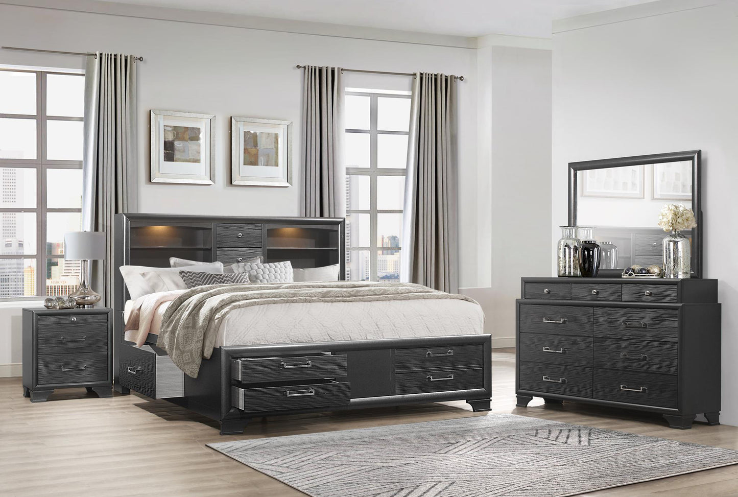 Dark grey King bed with storage drawers and builtin headboard lights