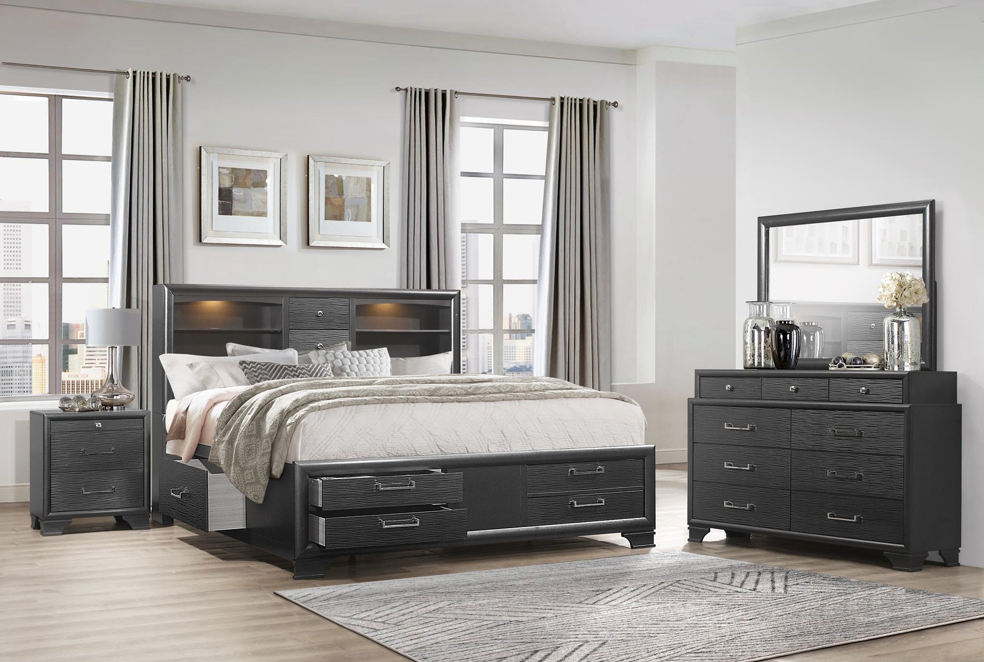 Dark grey King bed with storage drawers and builtin headboard lights
