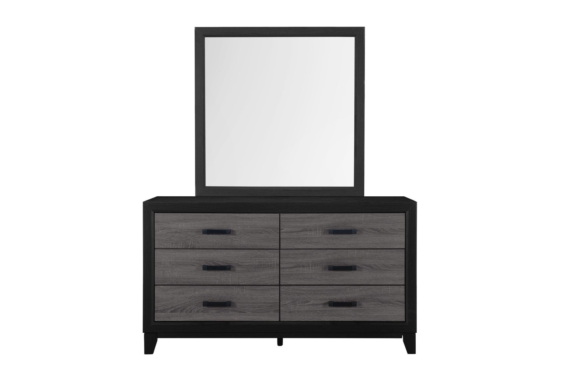 Modern gray wood dresser with black frame and six drawers includes matching mirror for bedroom storage