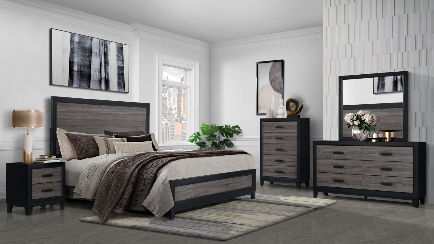 Modern gray wood and black queen bed frame with upholstered headboard and matching nightstand