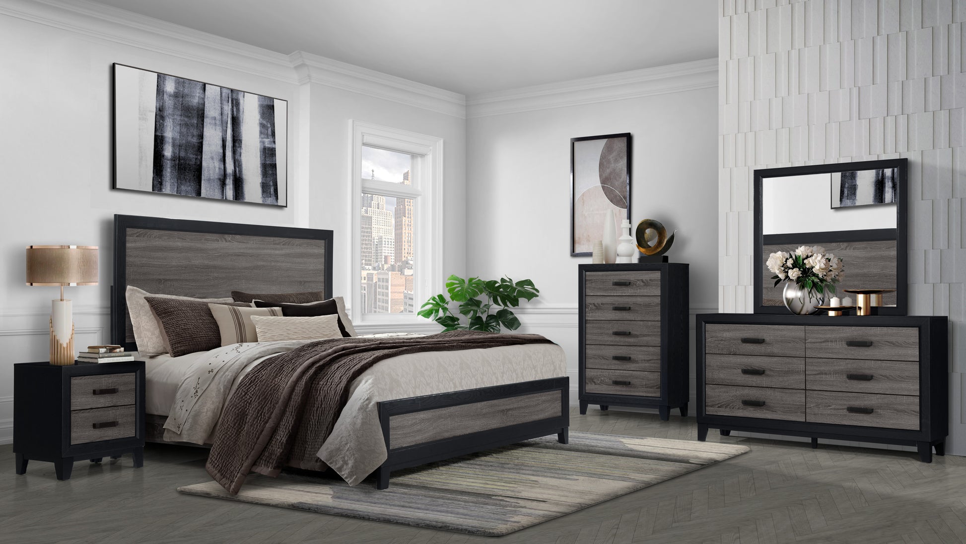 Modern gray wood and black queen bed frame with upholstered headboard and matching nightstand