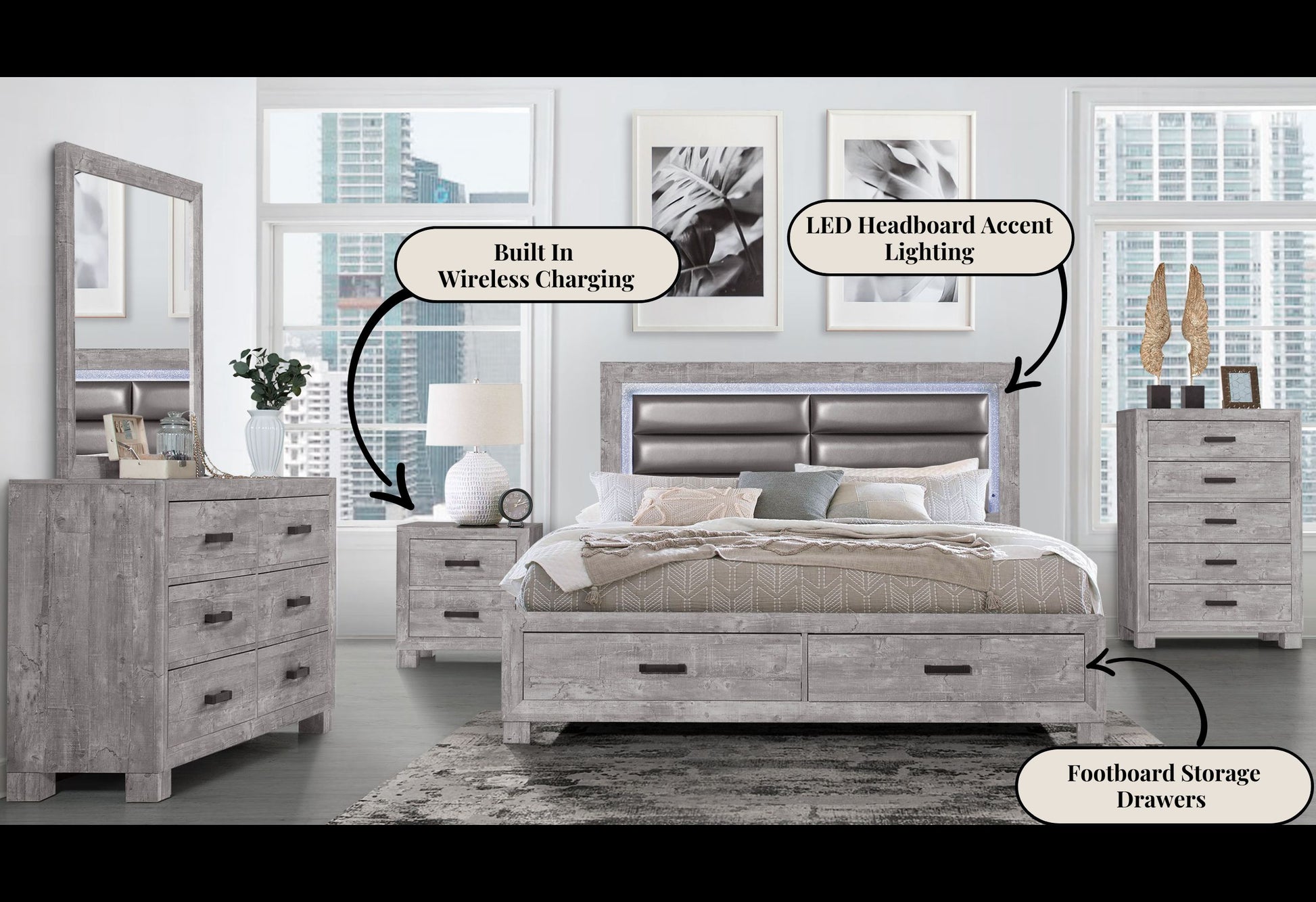 Gray distressed wood king bed frame with LED headboard accent lighting and storage drawers
