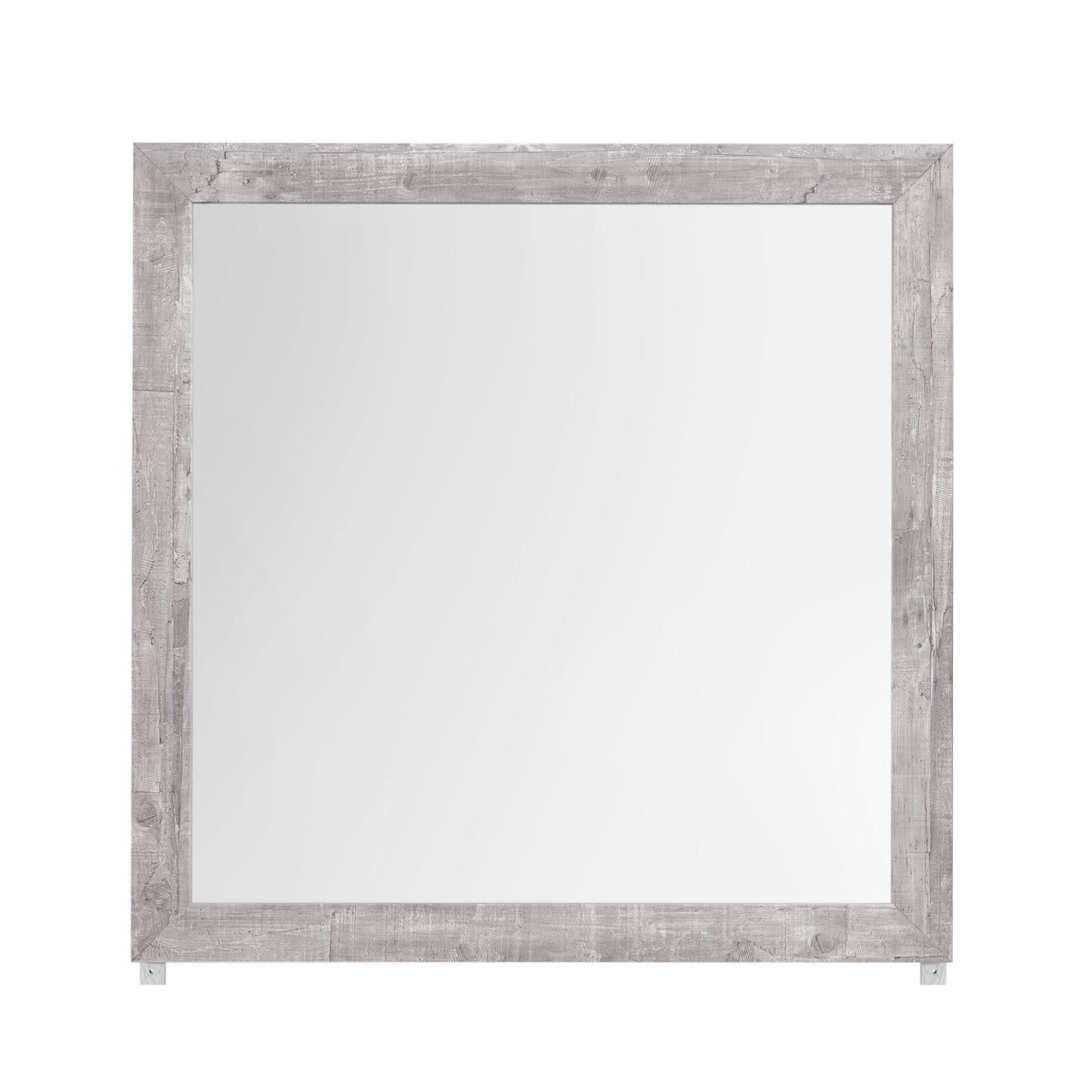 Modern square vanity mirror with distressed gray wood frame