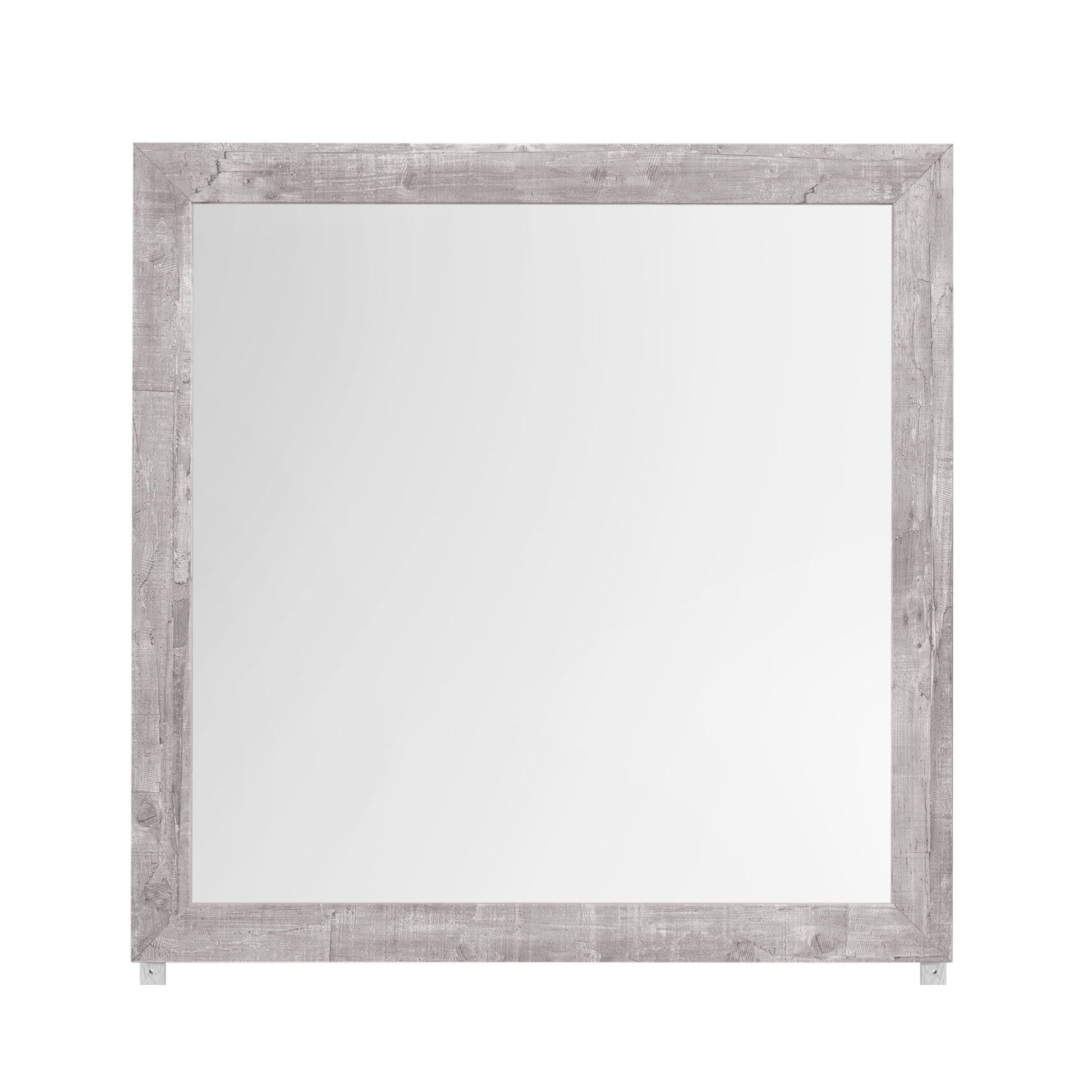 Modern square vanity mirror with distressed gray wood frame