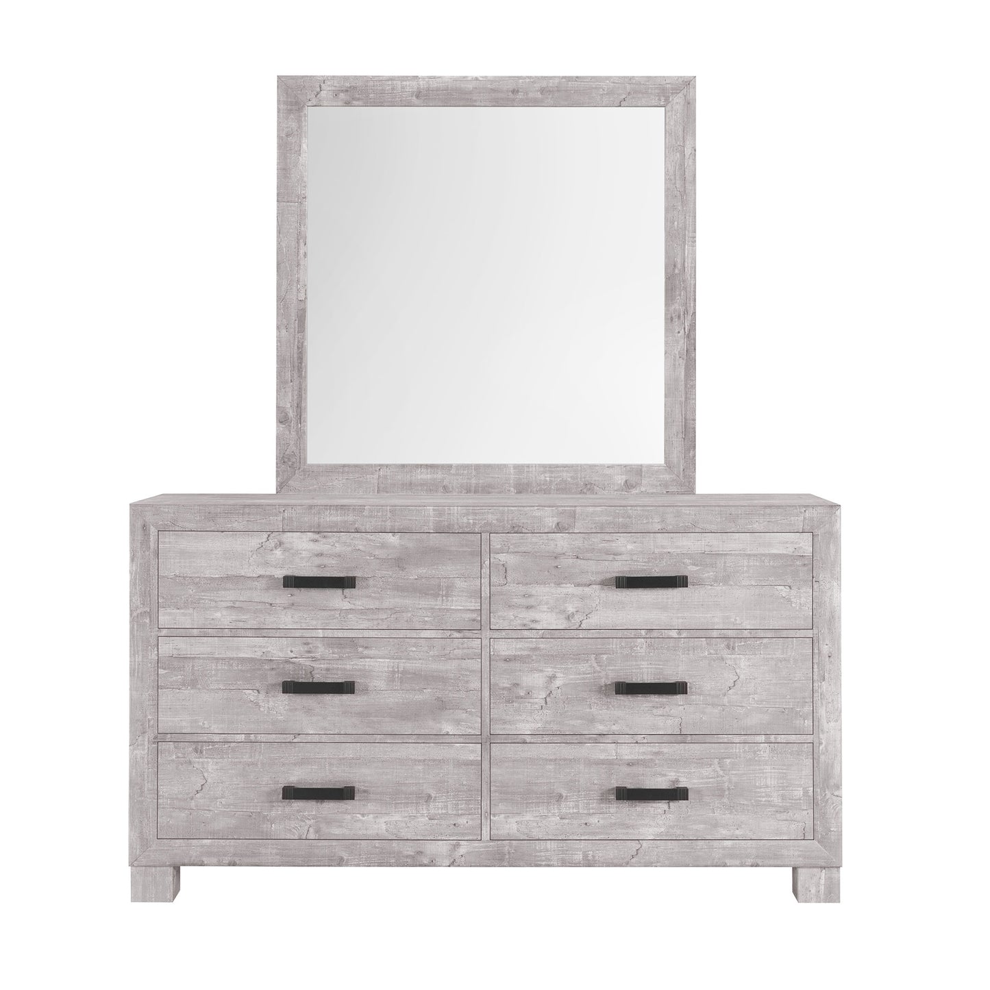 Distressed grey wood dresser with six drawers and attached mirror perfect for bedroom storage
