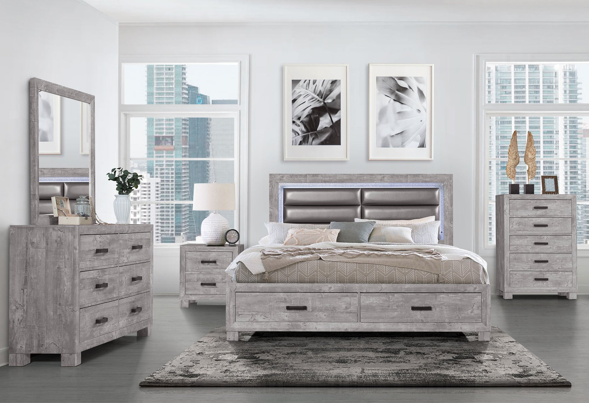 Gray distressed wood dresser with dark handles and ample storage space
