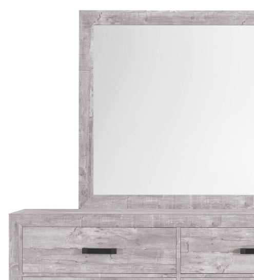 Distressed wood dresser with mirror featuring a rustic gray finish and black drawer pulls