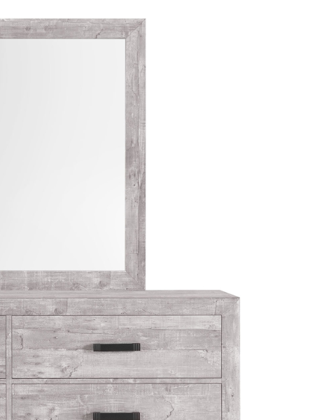 Rustic grey wood dresser with mirror featuring black pull handles for modern storage