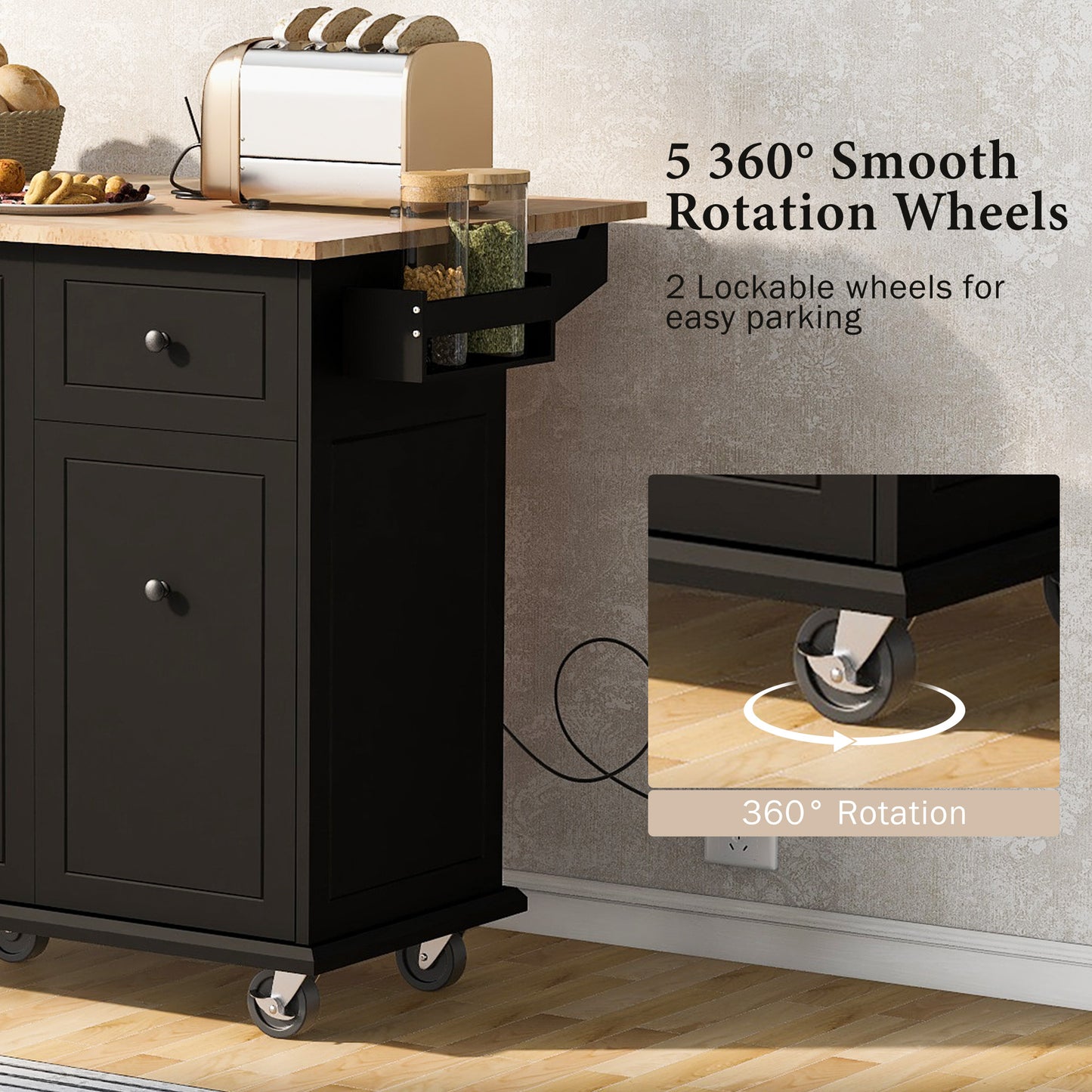 Black kitchen cart with wooden top and  smooth rotation wheels