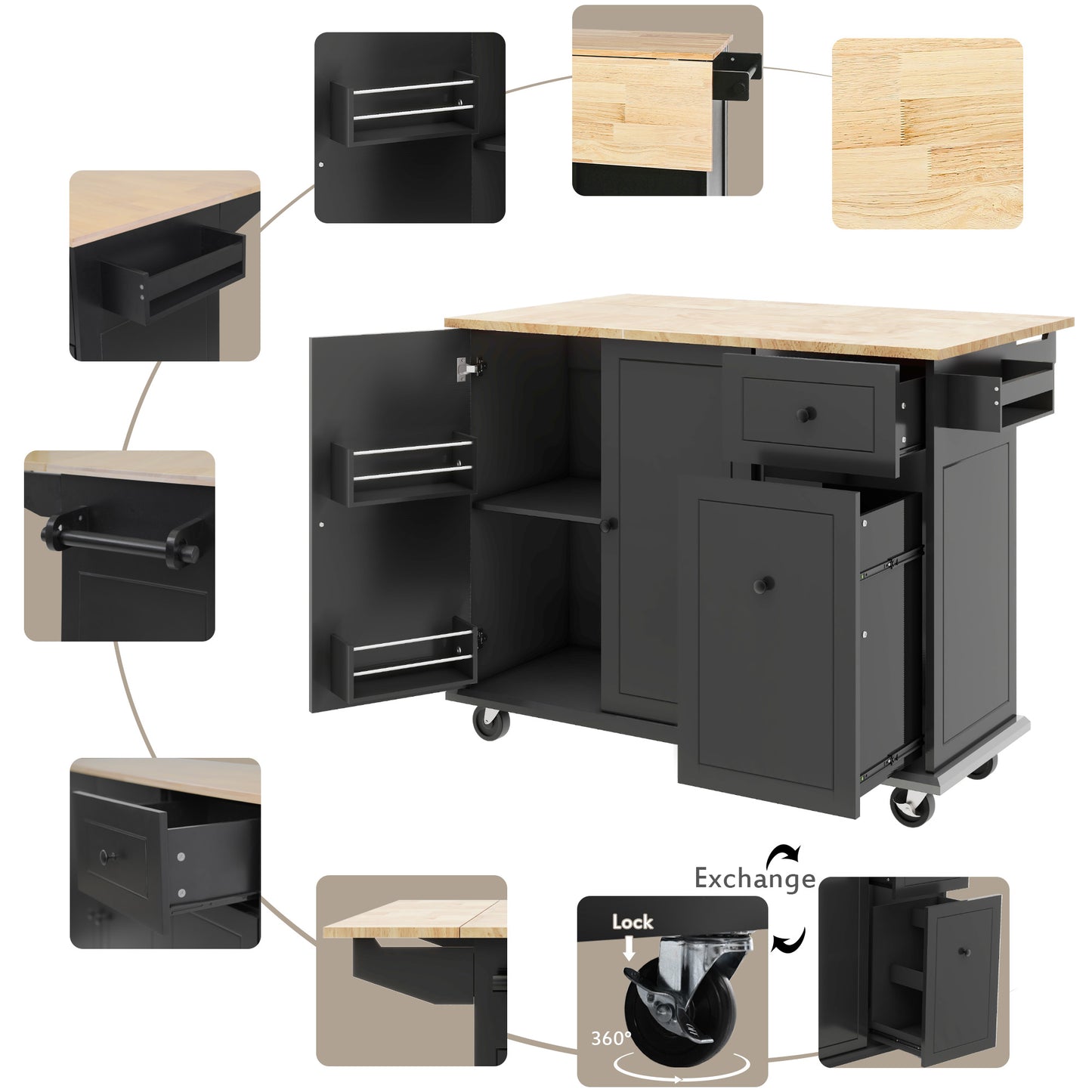 Black kitchen island with butcher block top and spice rack
