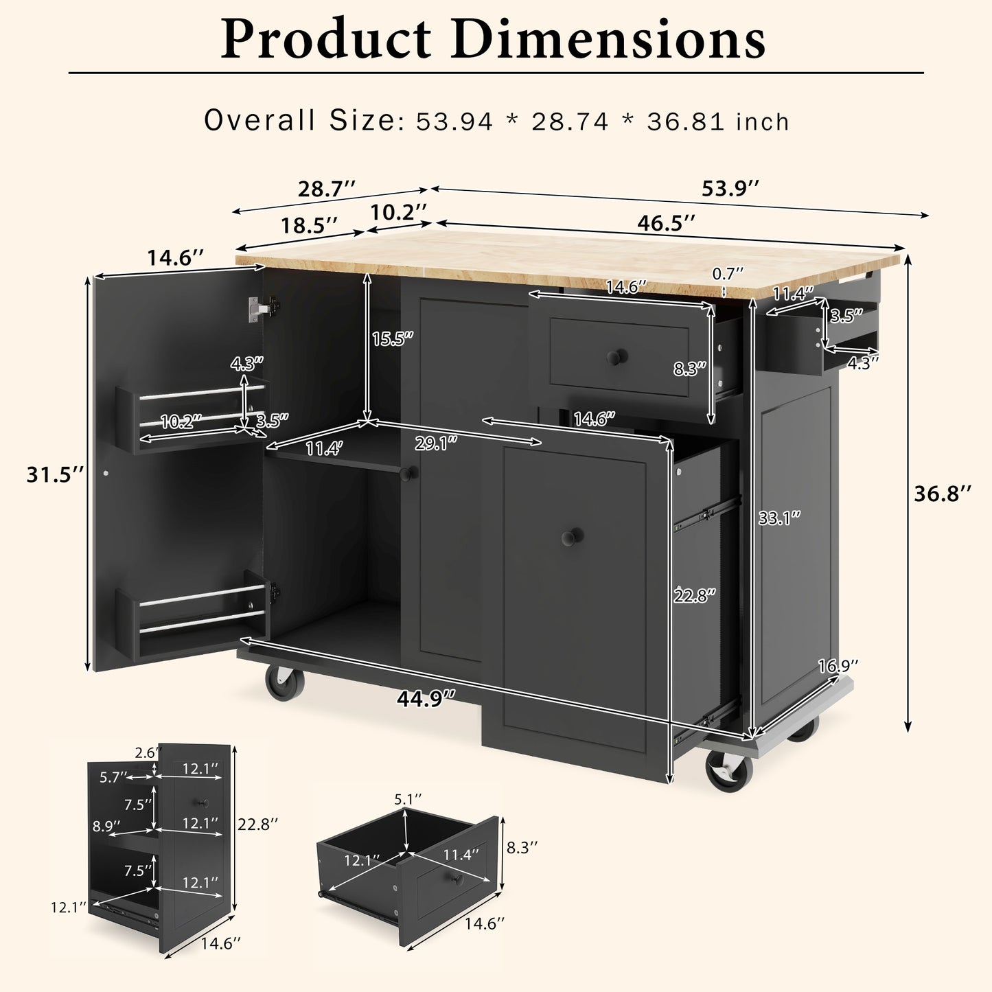Dark gray kitchen island with butcher block top