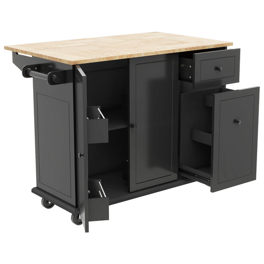 Dark gray kitchen island with butcher block top and storage drawers