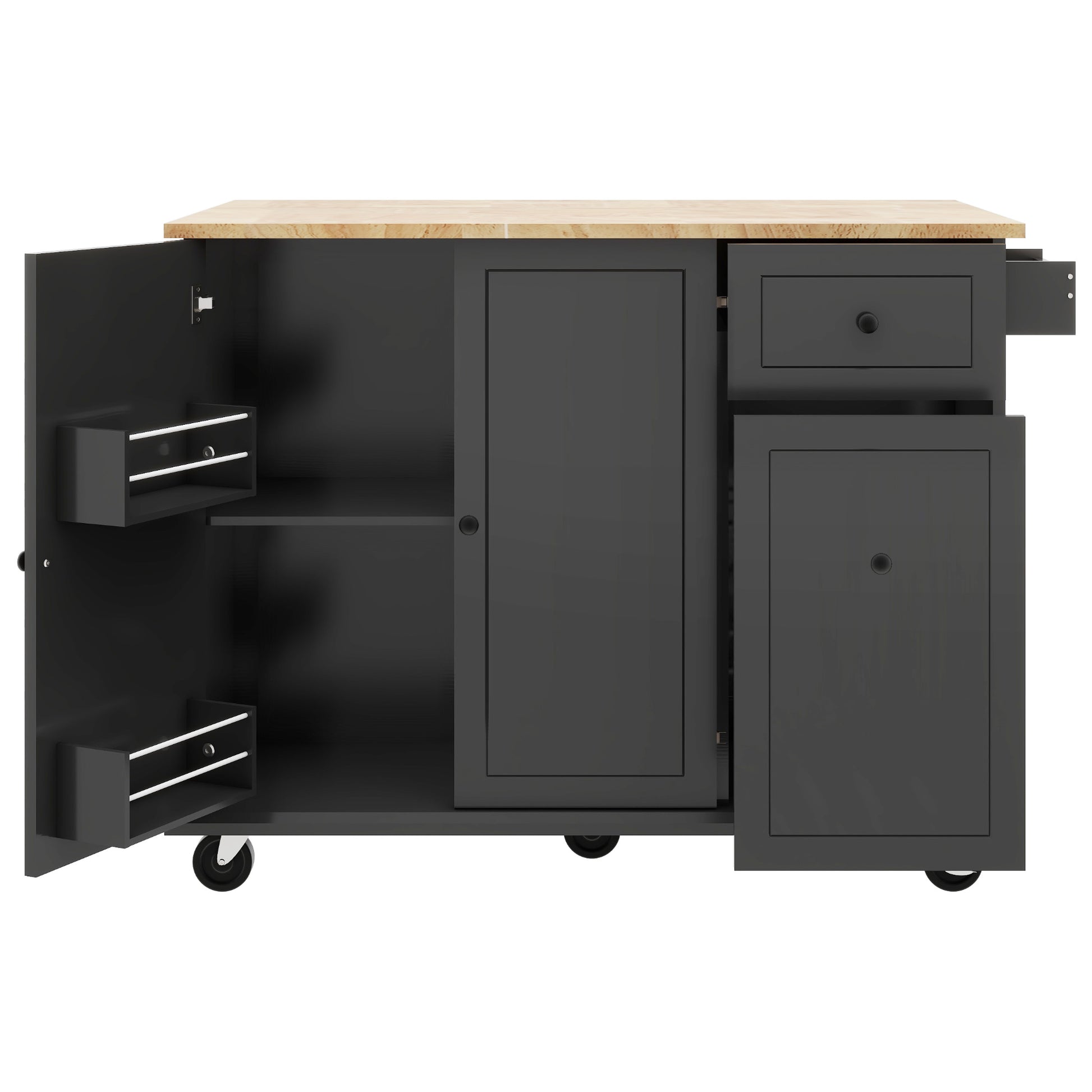 Dark gray kitchen island with butcher block top and open cabinet doors