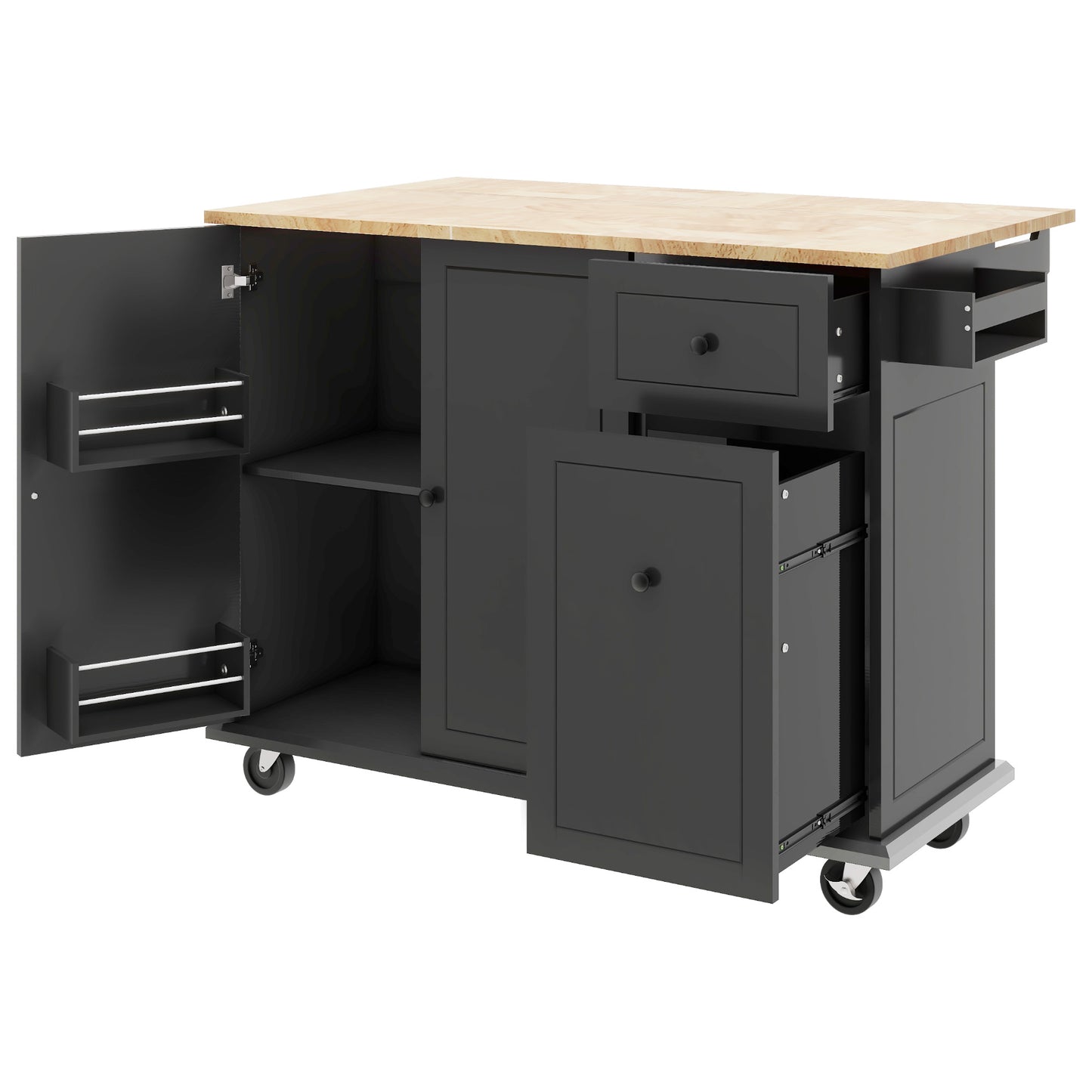 Black kitchen island with butcher block top and open compartments