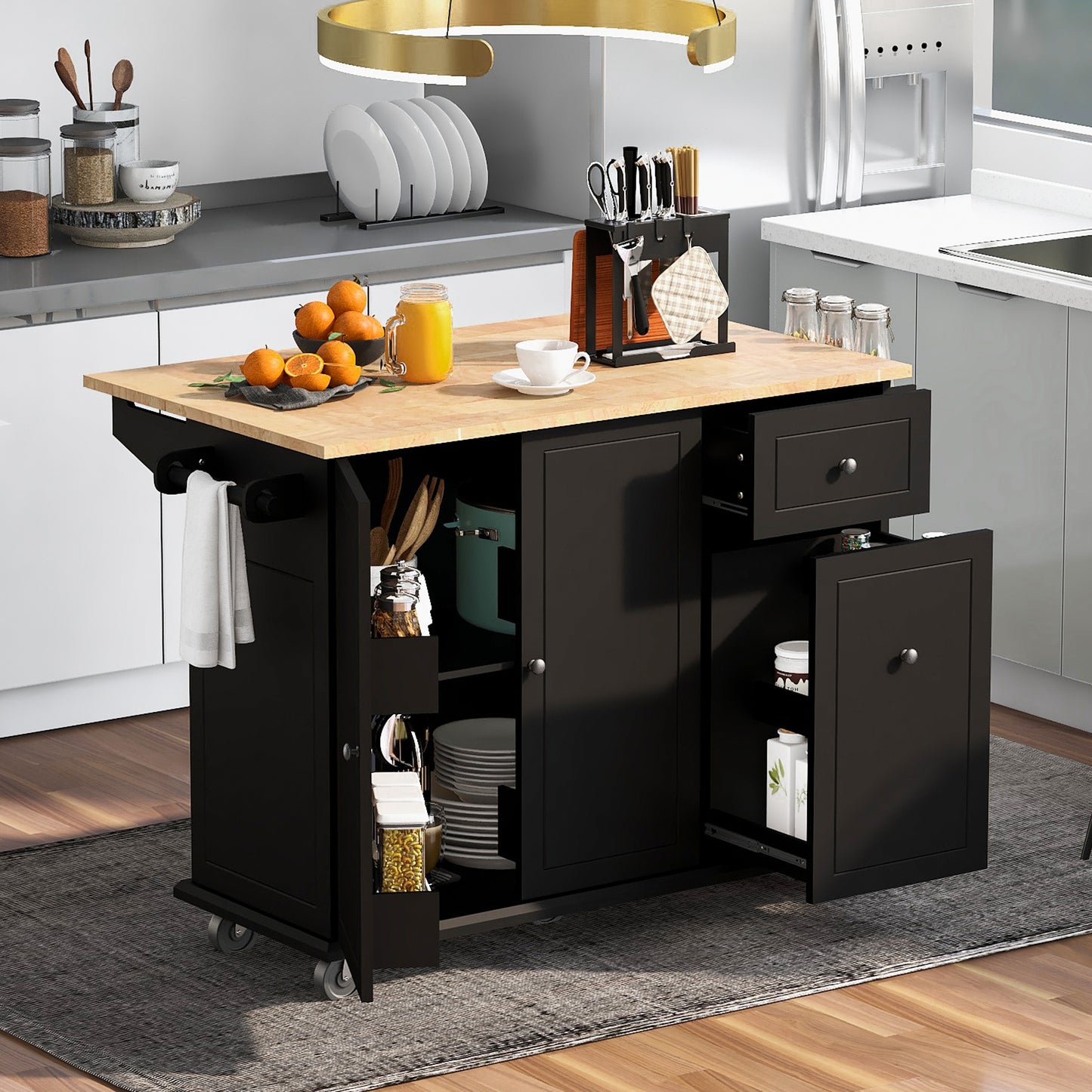Black kitchen island cart with butcher block top and open shelves