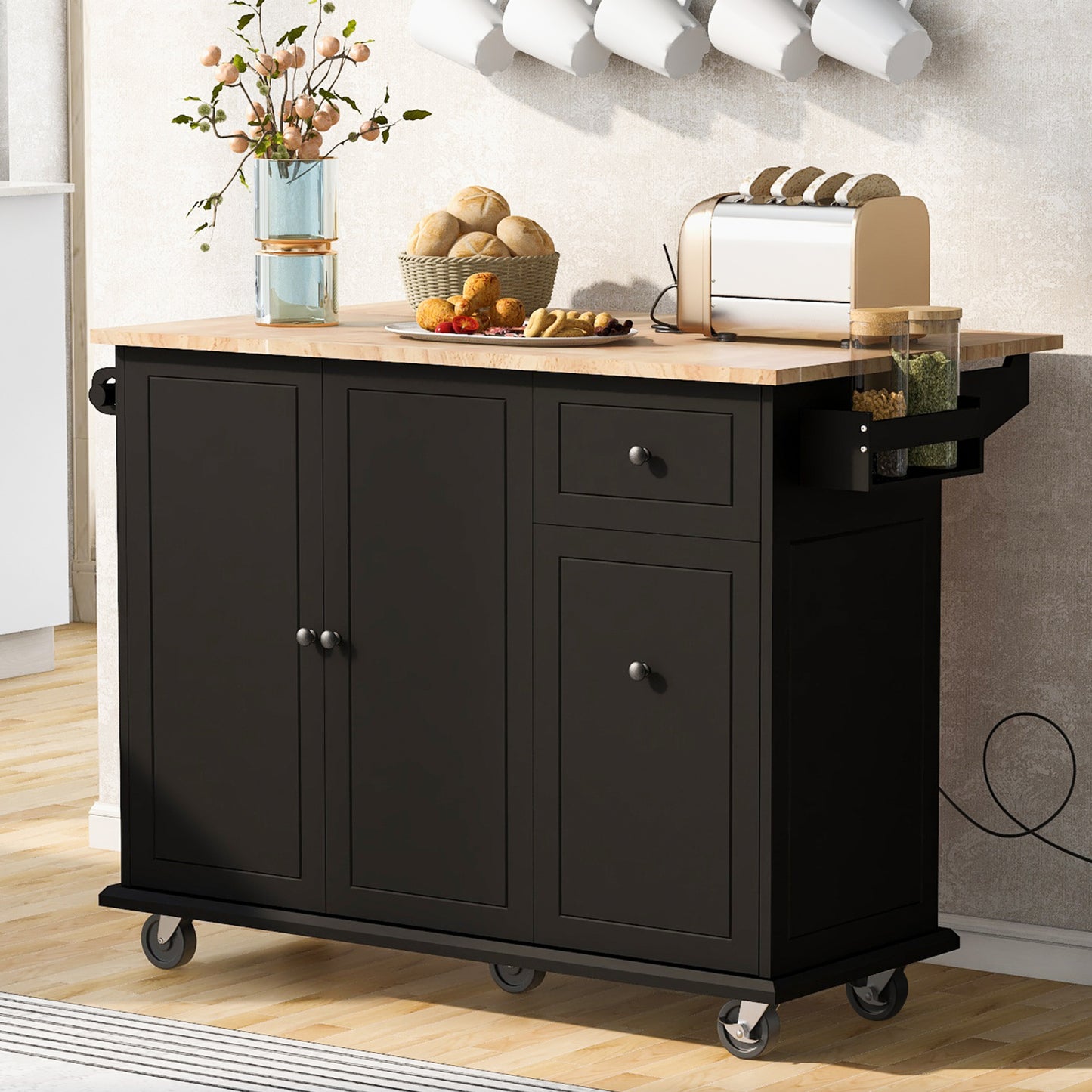 Black kitchen island cart with butcher block top and storage