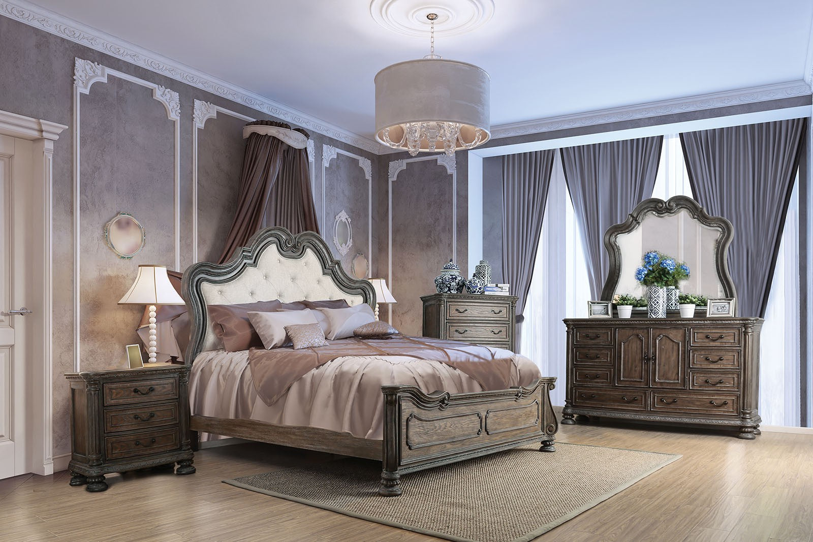 Tufted upholstered headboard king bed with distressed wood frame and satin bedding