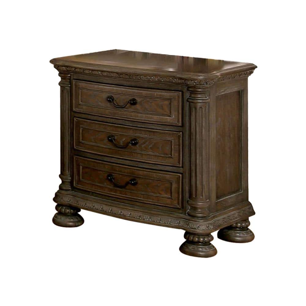 Ornate dark brown wooden nightstand with three drawers and decorative carved details