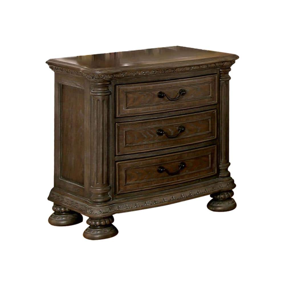 Dark wood nightstand with three drawers and ornate detailing