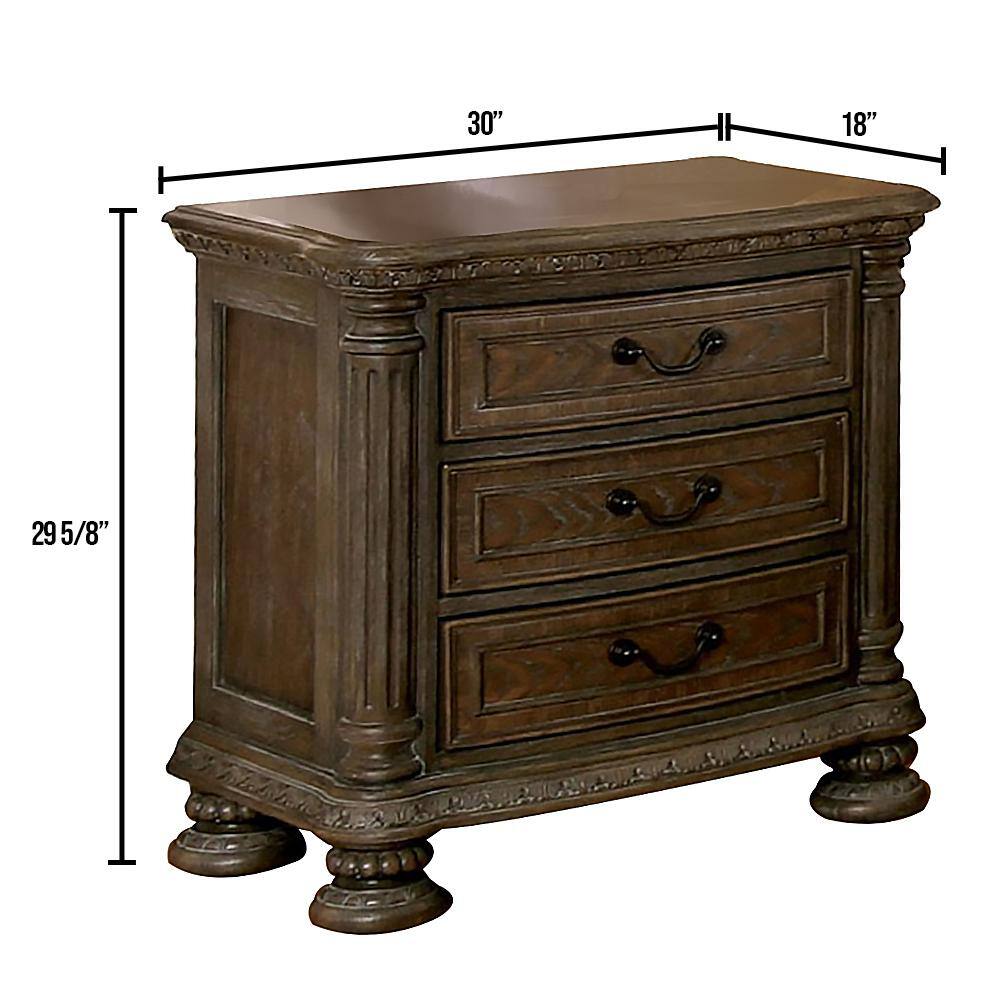 Dark wood ornate nightstand with three drawers and carved legs