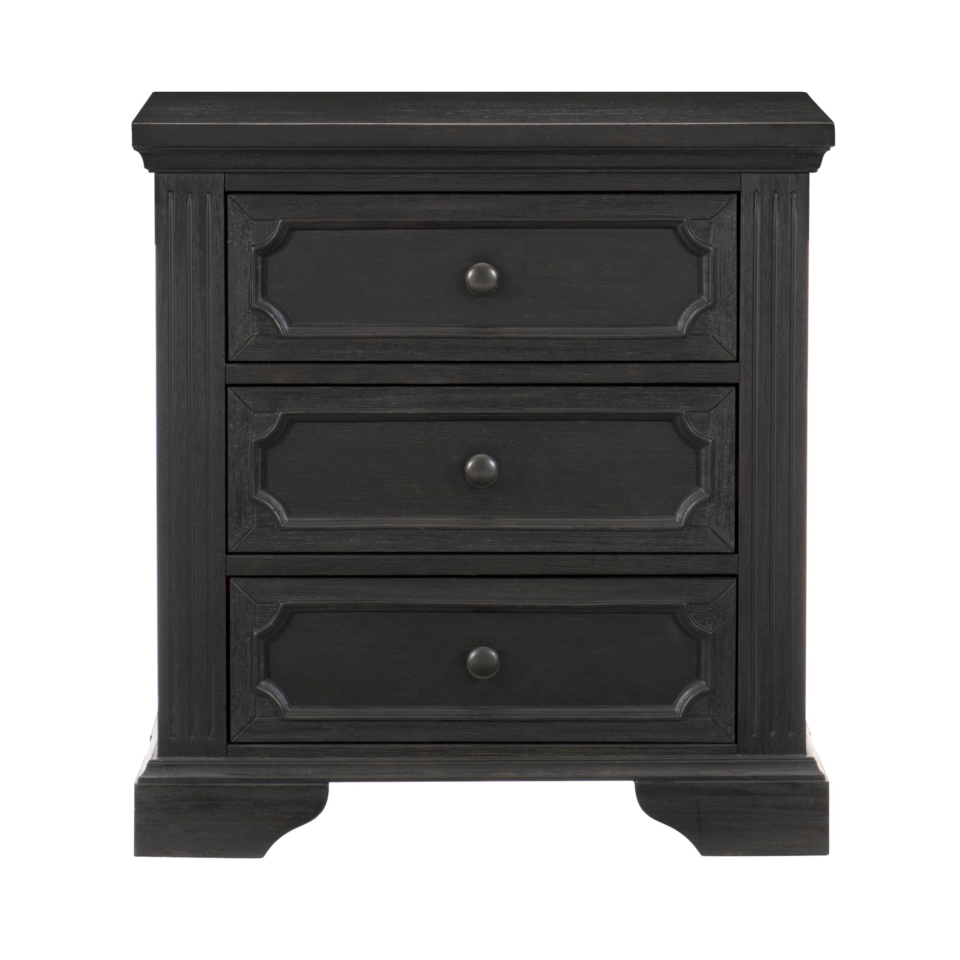 Dark grey distressed wood nightstand with three drawers featuring ornate carved detailing and antique bronze knobs