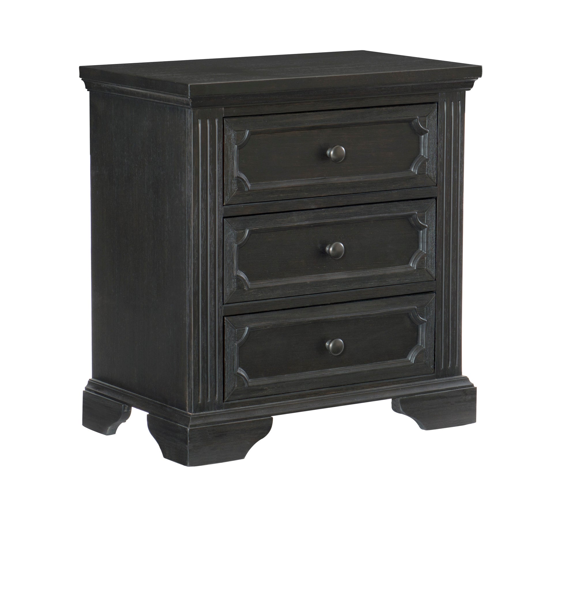 Dark grey wood nightstand with three drawers and metal knobs