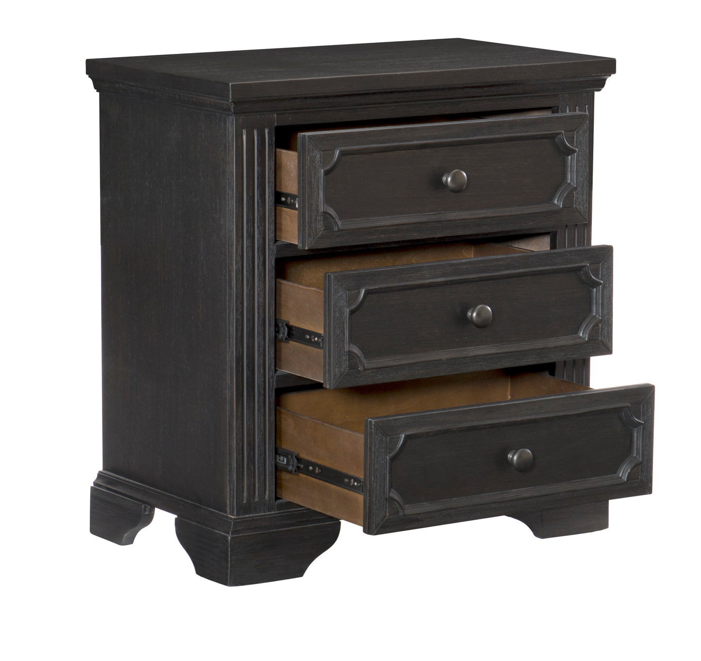 Dark wood nightstand with three drawers featuring antique brass hardware and fluted side details