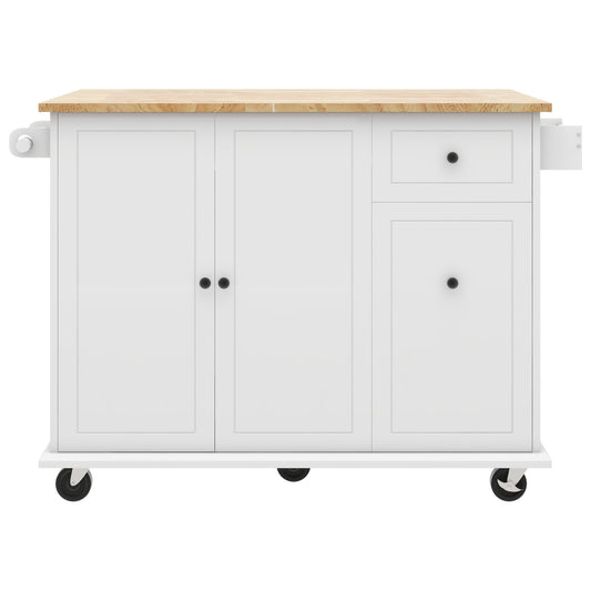 White kitchen island with butcher block top and wheels
