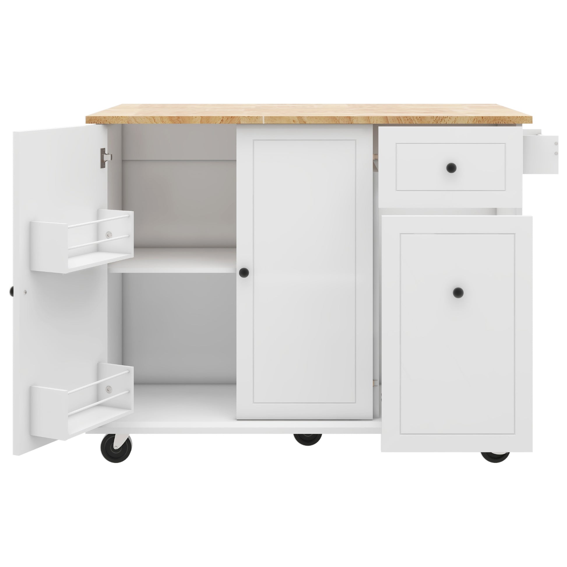 White kitchen island cart with butcher block top and storage
