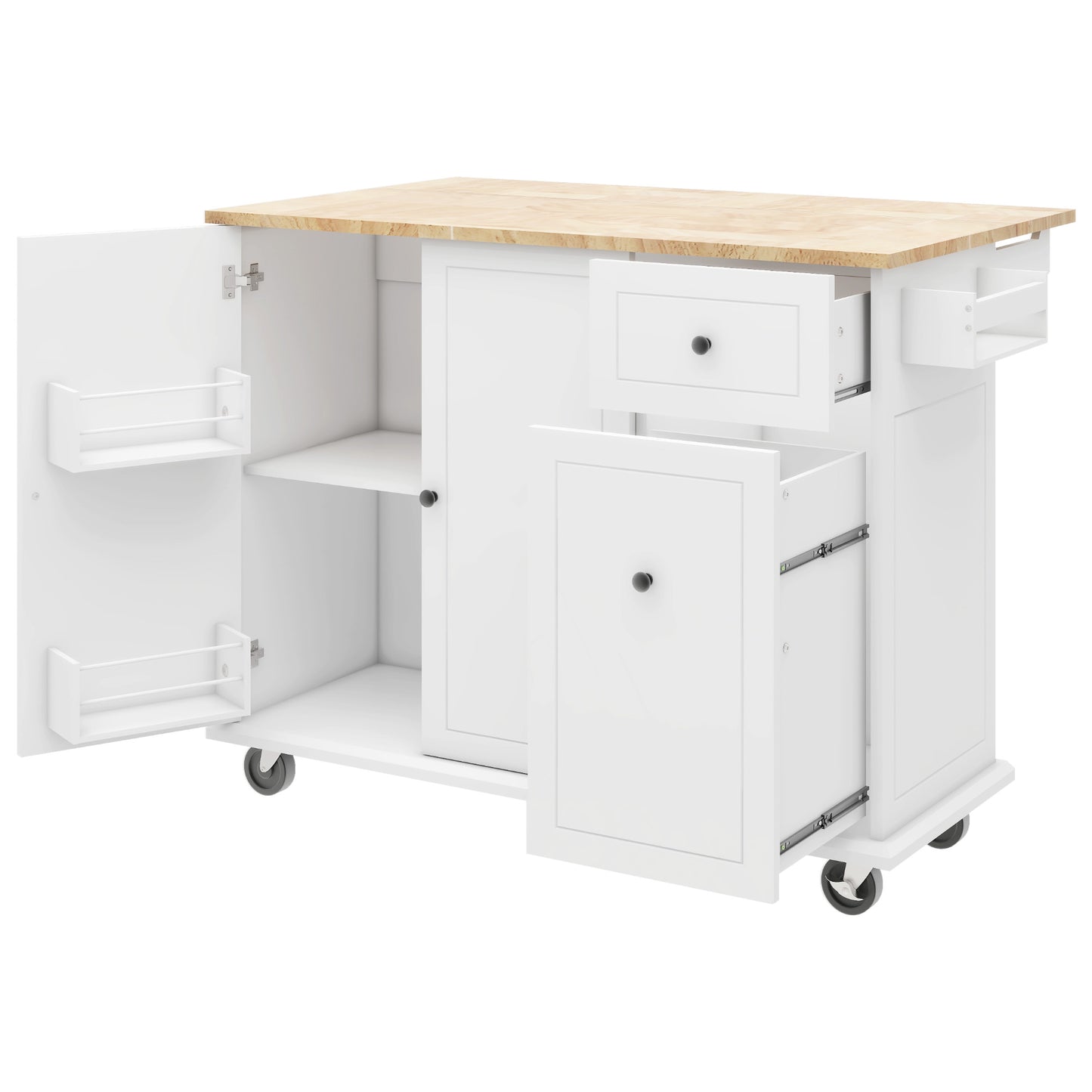 White kitchen island cart with butcher block top open cabinets and drawers for storage
