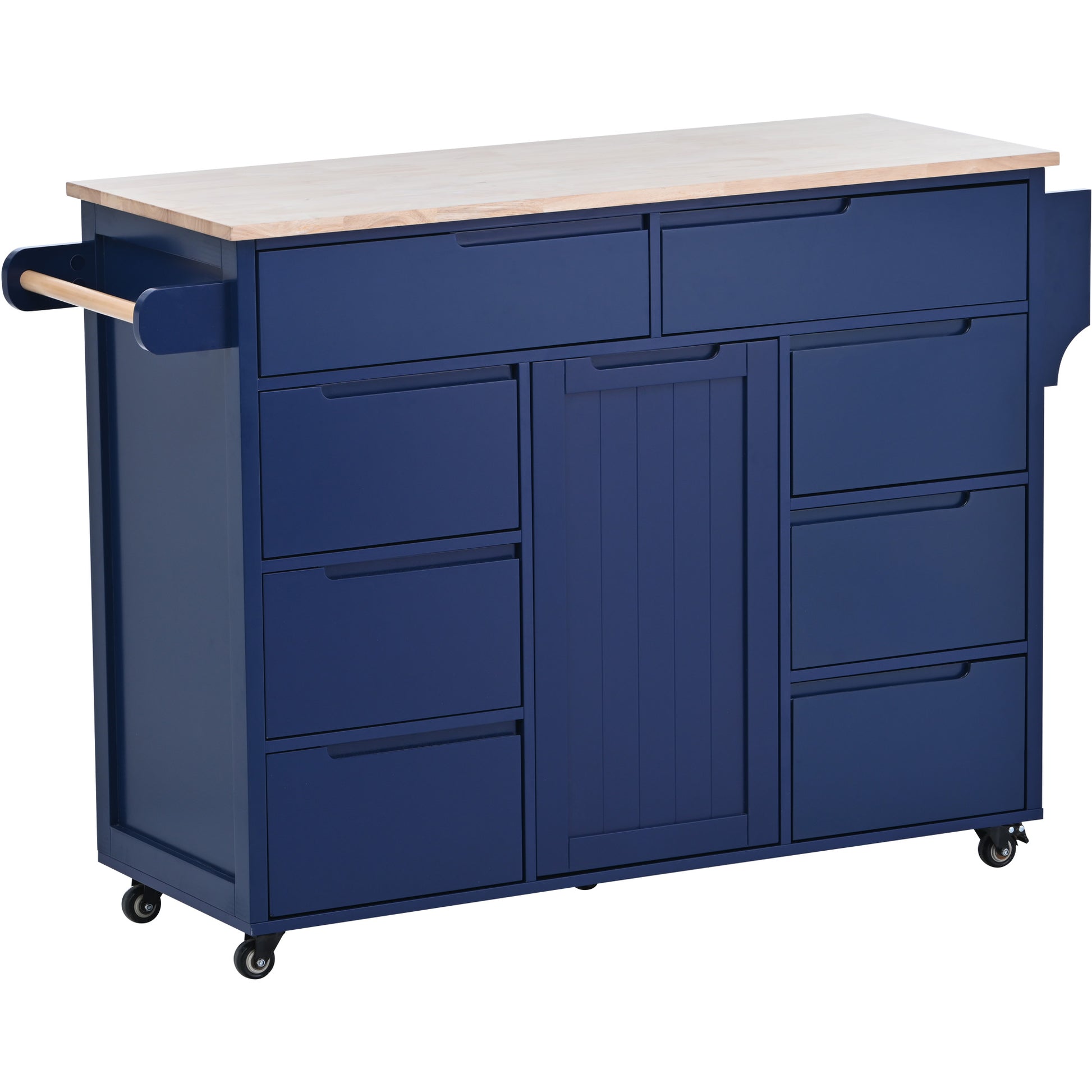 Navy blue kitchen island cart with wood countertop and towel bar