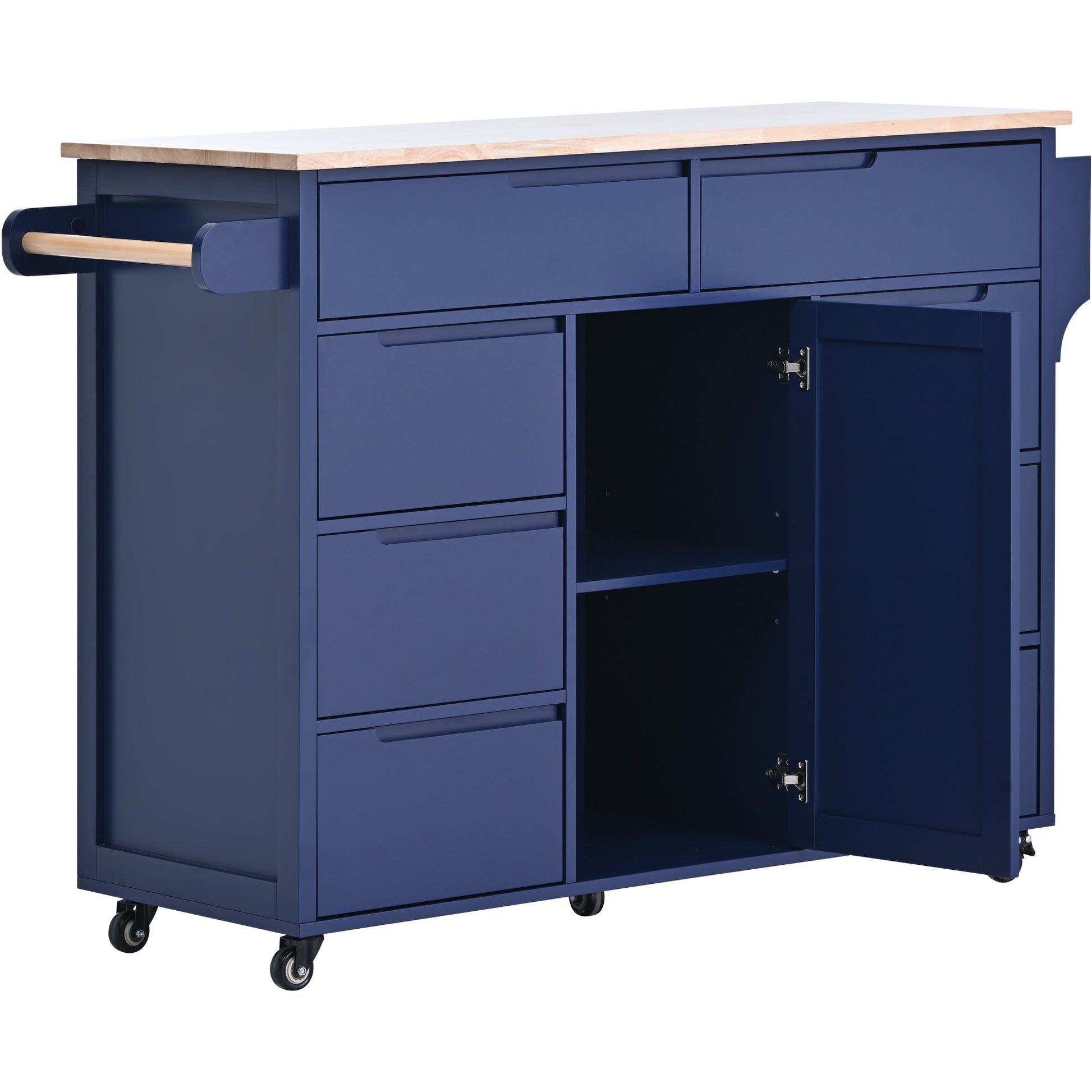 Navy blue kitchen island with butcher block top